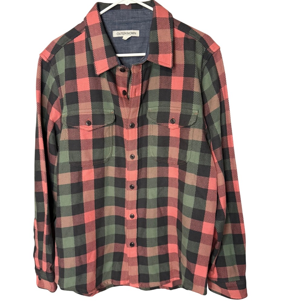 Outerknown Blanket Shirt Mens Large Red Green Plaid Organic Cotton Flannel Large